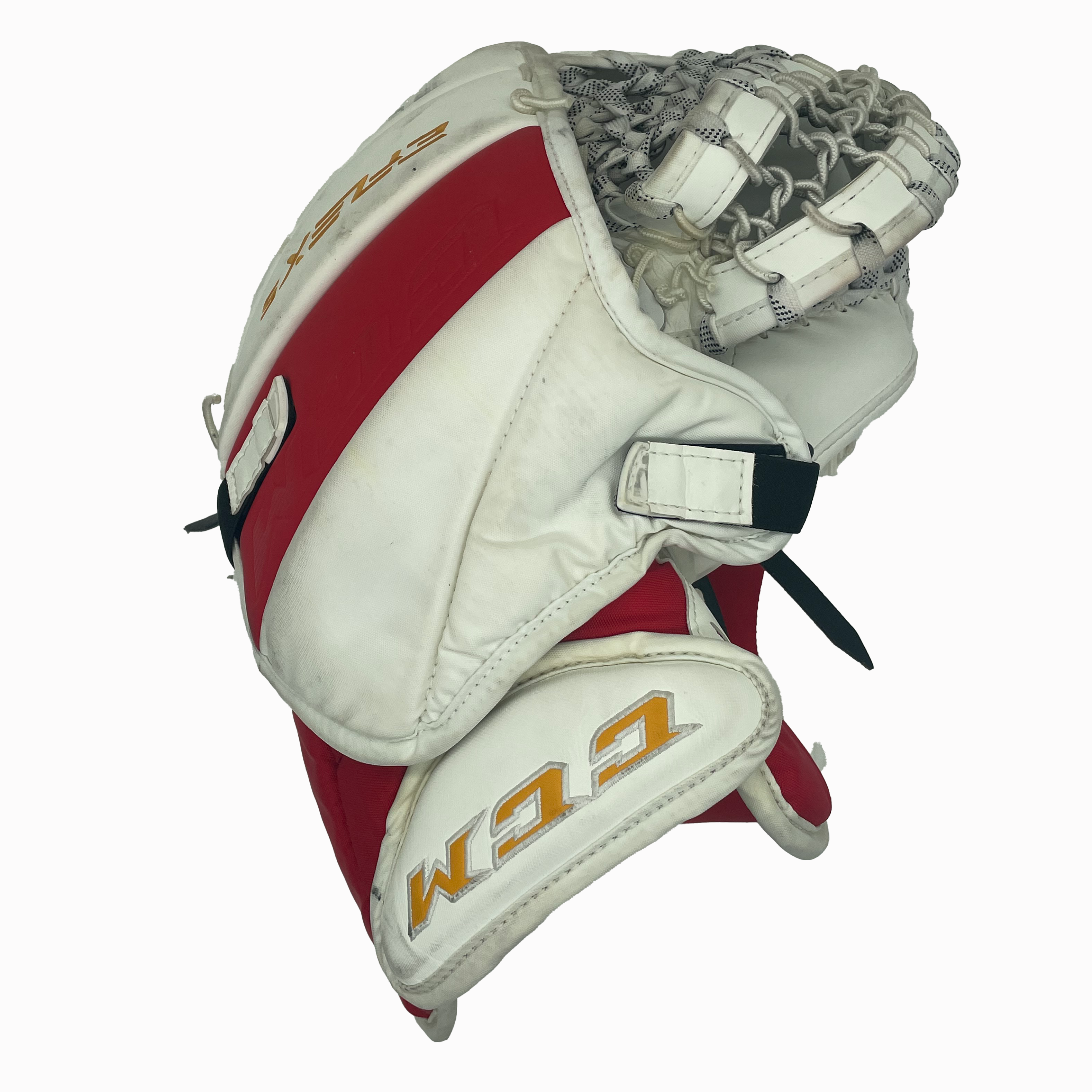 CCM Extreme Flex 5 - Ensemble complet de gardien de but AHL Pro Stock d'occasion (rouge/blanc/jaune)